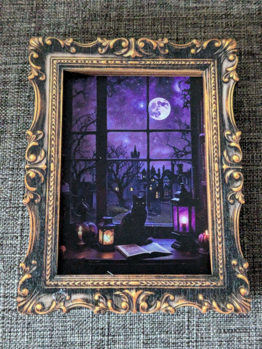 Purple Moonlit Cat Print in Ornate Gold Frame Magnet  Home Accents